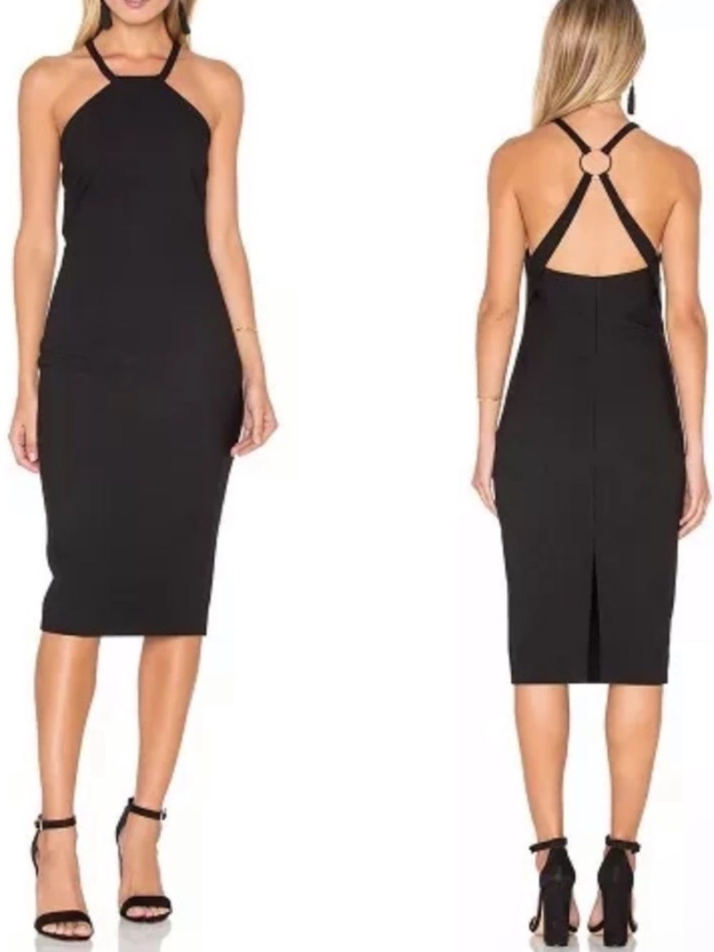 Cinq à Sept Angel Dress Halter Open Back O-Ring Sheath Cocktail Midi 4